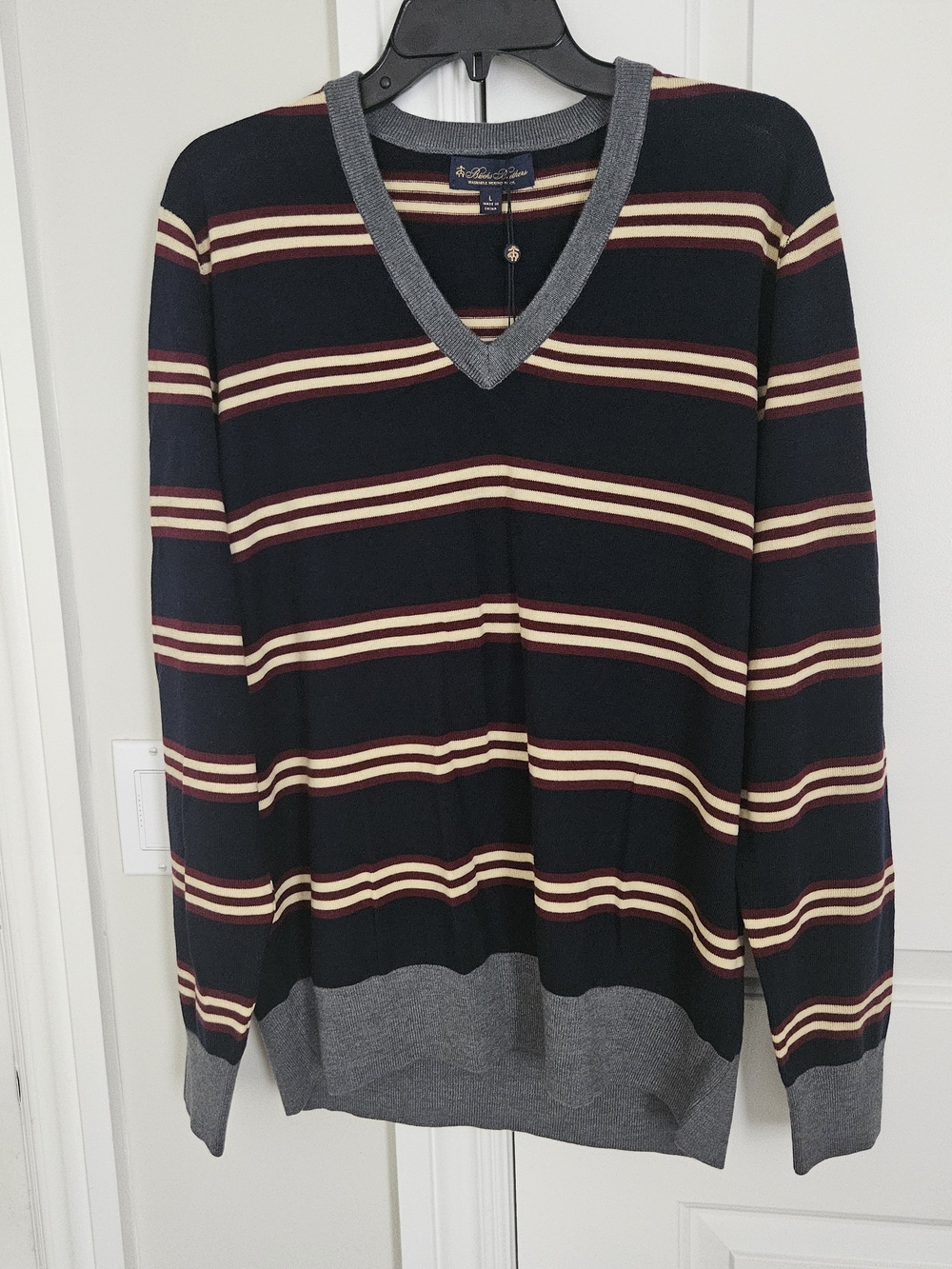 Brooks Brothers Navy V-Neck Sweater with Maroon and Cream Stripes, Size L/XL